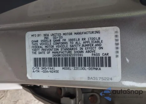 2003 Toyota Corolla Le z USA, uszkodzony, nr VIN 1NXBR32E83Z155591